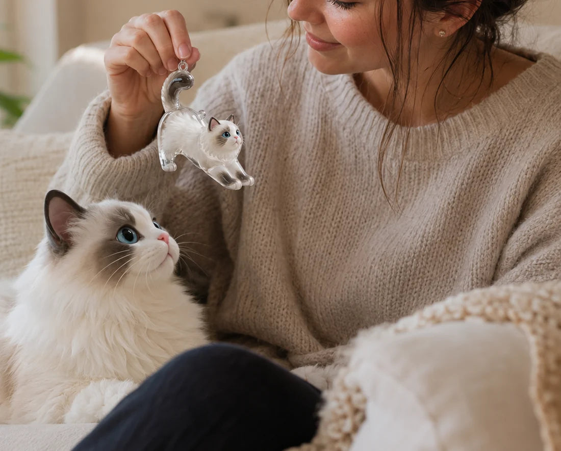 Woman holding a keepsake beside her ragdoll cat
