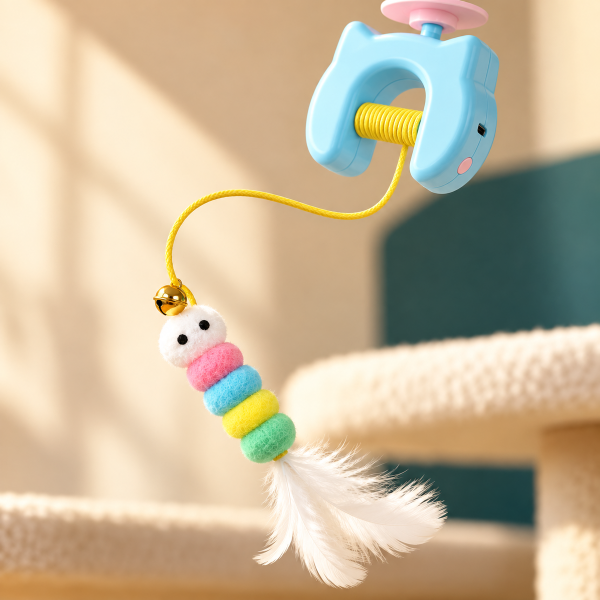 Close-up of the elastic lure, bell and feathers