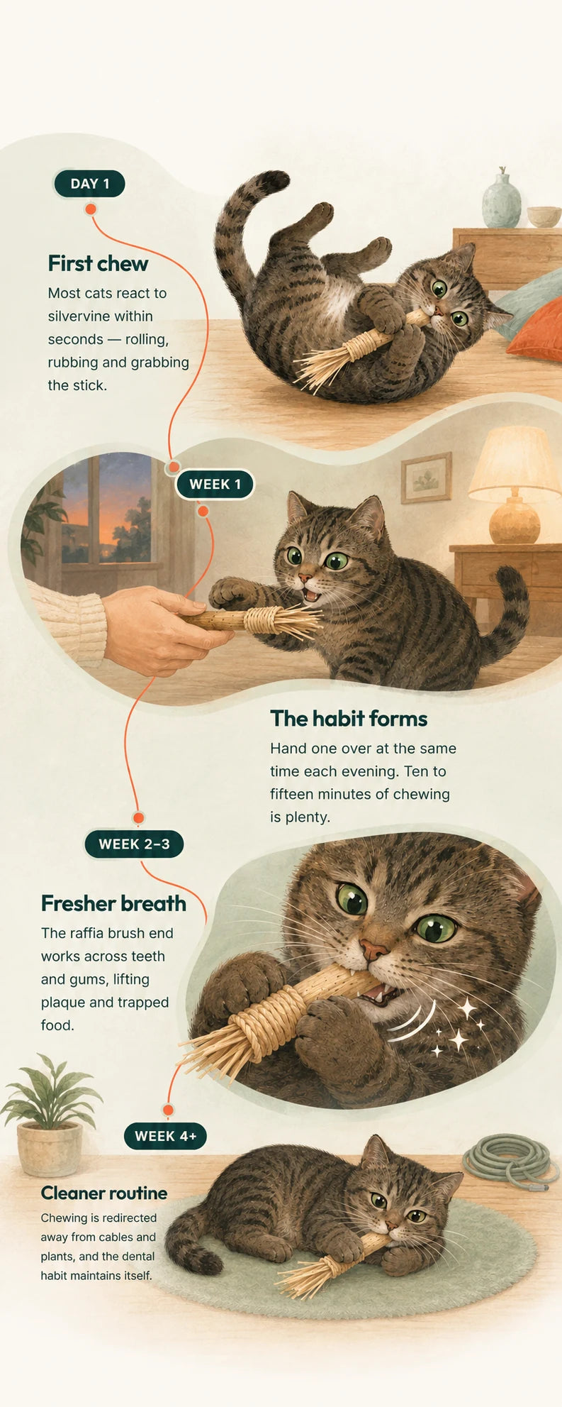 Day 1 — First chew: Most cats react to silvervine within seconds — rolling, rubbing and grabbing the stick. Week 1 — The habit forms: Hand one over at the same time each evening. Ten to fifteen minutes of chewing is plenty. Week 2–3 — Fresher breath: The raffia brush end works across teeth and gums, lifting plaque and trapped food. Week 4+ — Cleaner routine: Chewing is redirected away from cables and plants, and the dental habit maintains itself.