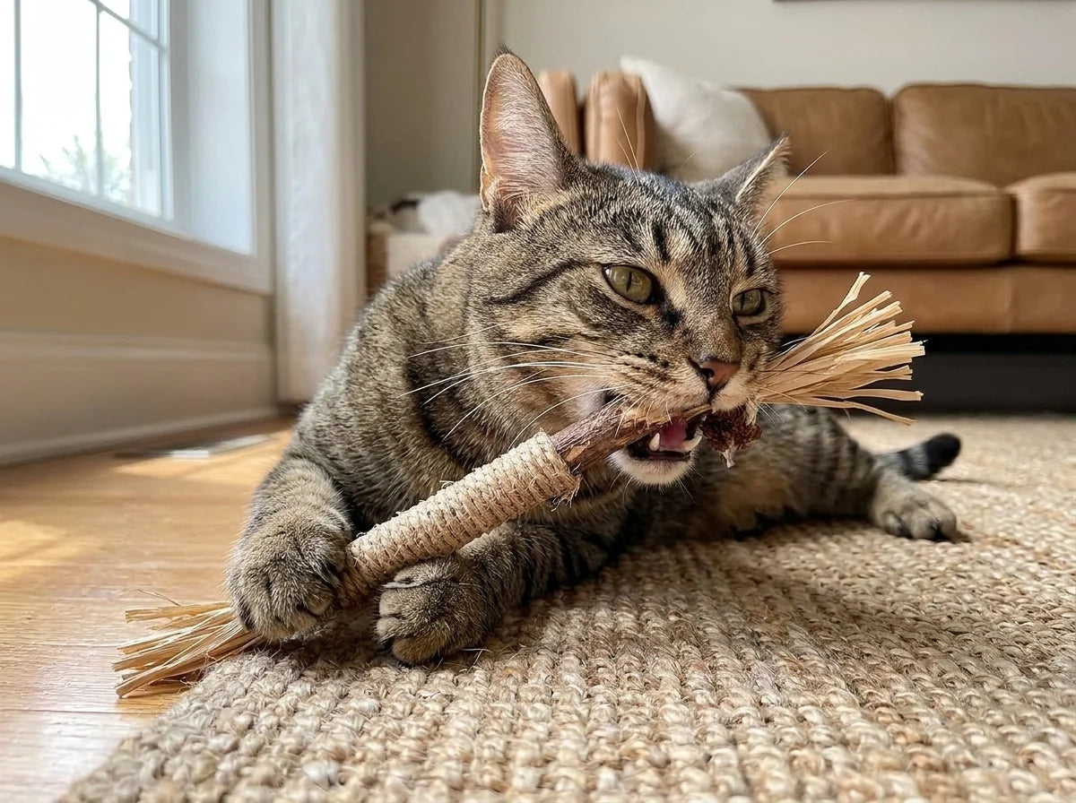 Cat holding and visibly chewing a silvervine chew stick with both front paws